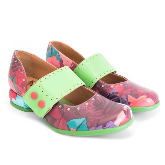 John Fluevog Shoes - Fluevog Fellowship Cleo lime green flowers leather buttoned flat mary jane NWT
